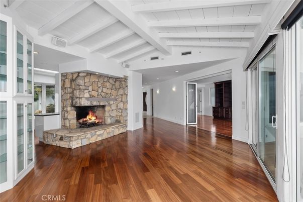 Empty room, Fireplace, Interior, Recessed Lighting, Wood Texture Flooring