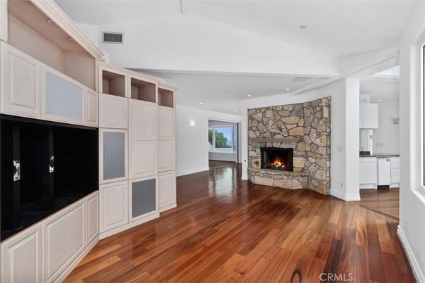 Empty room, Fireplace, Interior, Recessed Lighting, Wood Texture Flooring