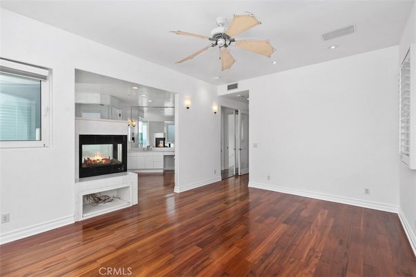 Empty room, Fireplace, Interior, Recessed Lighting, Wood Texture Flooring