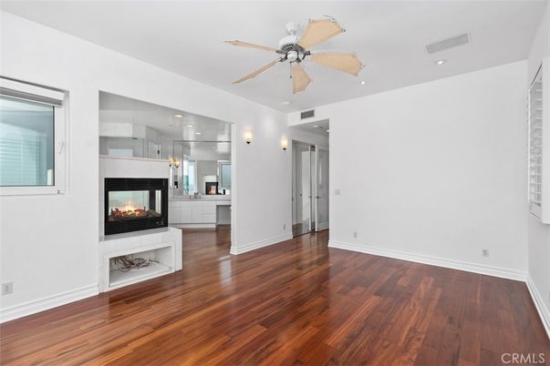 Empty room, Fireplace, Interior, Recessed Lighting, Wood Texture Flooring