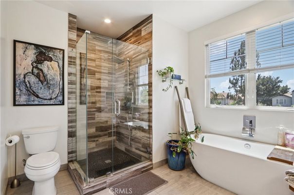 Bathroom, Free Standing Baths, Glass Shower, Interior, Recessed Lighting, Wood Texture Flooring