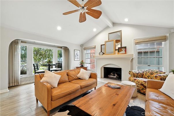 Dining room, Fireplace, Interior, Living room, Recessed Lighting, Wood Texture Flooring