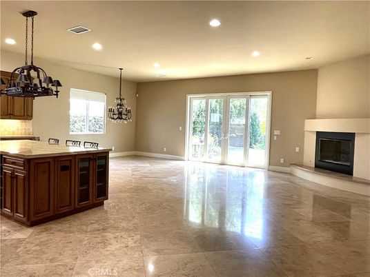 Chandelier, Empty room, Fireplace, Interior, Kitchen, Pendant Lights, Recessed Lighting