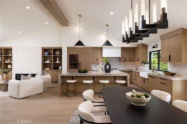 Dining room, Fireplace, Interior, Kitchen, Pendant Lights, Recessed Lighting, Stone Walls, Wooden Beams, Wood Texture Flooring