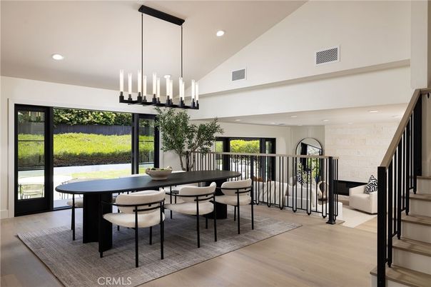Dining room, Interior, Pendant Lights, Recessed Lighting, Wood Texture Flooring