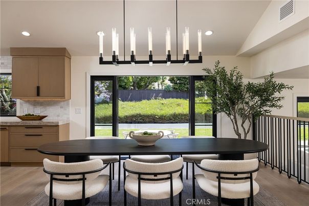 Dining room, Interior, Kitchen, Pendant Lights, Recessed Lighting, Wood Texture Flooring