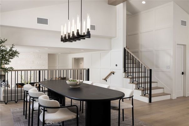 Dining room, Interior, Pendant Lights, Recessed Lighting, Wood Texture Flooring
