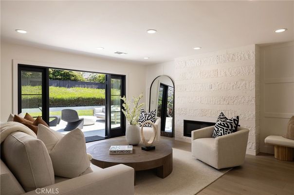 Fireplace, Interior, Living room, Recessed Lighting, Wood Texture Flooring