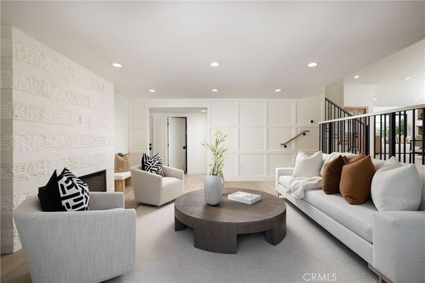 Interior, Living room, Recessed Lighting, Stone Walls, Wood Texture Flooring