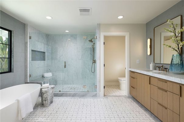 Bathroom, Free Standing Baths, Glass Shower, Interior, Marble Walls, Recessed Lighting