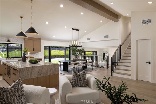 Dining room, Interior, Kitchen, Pendant Lights, Recessed Lighting, Wooden Beams, Wood Texture Flooring