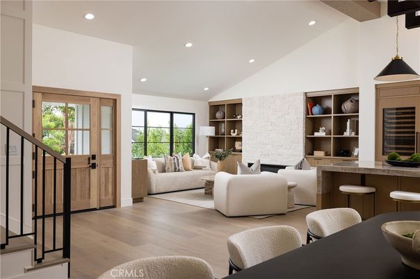 Fireplace, Interior, Living room, Pendant Lights, Recessed Lighting, Stone Walls, Wood Texture Flooring