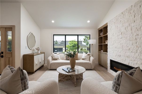 Fireplace, Interior, Living room, Recessed Lighting, Stone Walls, Wood Texture Flooring