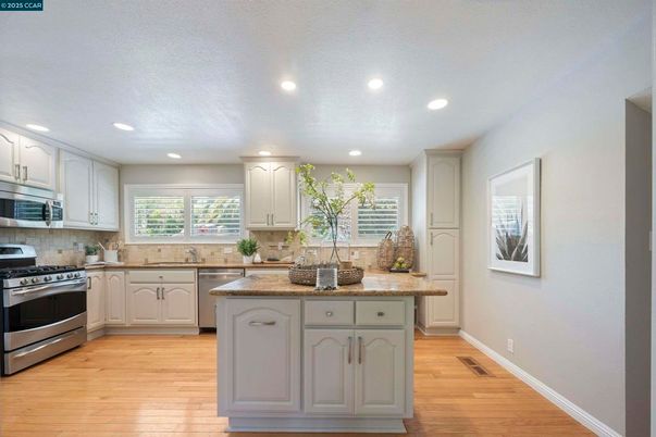 Interior, Kitchen, Recessed Lighting, Stainless Steel Appliances, Wood Texture Flooring