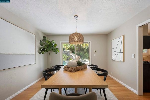 Dining room, Interior, Pendant Lights, Wood Texture Flooring