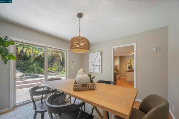 Dining room, Interior, Pendant Lights, Recessed Lighting, Wood Texture Flooring