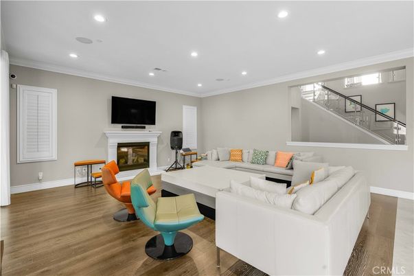 Fireplace, Interior, Living room, Recessed Lighting, Wood Texture Flooring