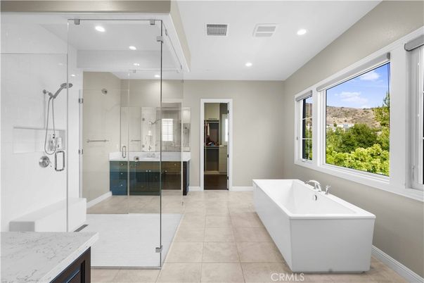 Bathroom, Free Standing Baths, Glass Shower, Interior, Recessed Lighting