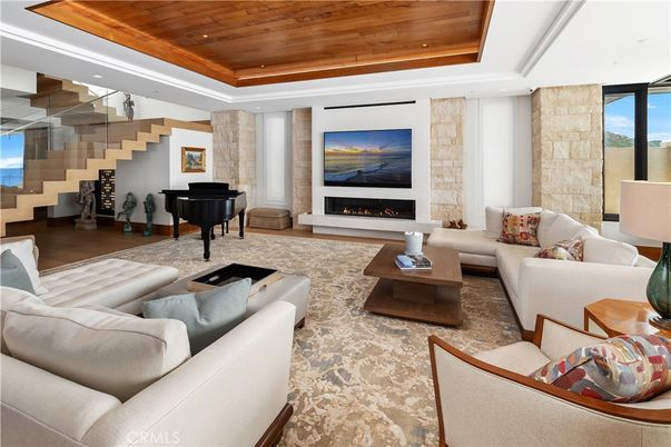 Fireplace, Interior, Living room, Piano, Recessed Lighting, Wooden Ceilings