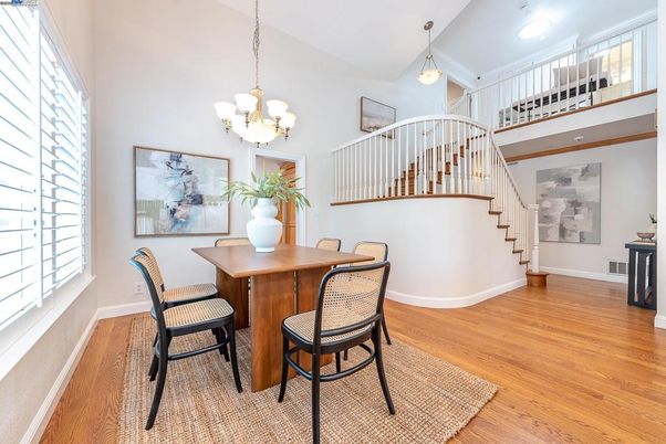 Dining room, Interior, Pendant Lights, Recessed Lighting, Wood Texture Flooring