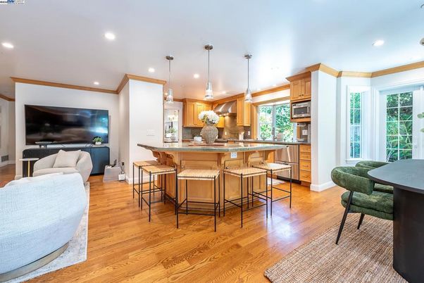 Interior, Kitchen, Living room, Pendant Lights, Recessed Lighting, Stainless Steel Appliances, Wood Texture Flooring
