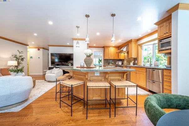 Interior, Kitchen, Living room, Pendant Lights, Recessed Lighting, Stainless Steel Appliances, Wood Texture Flooring