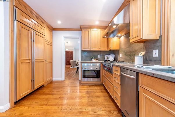 Interior, Kitchen, Recessed Lighting, Stainless Steel Appliances, Wood Texture Flooring