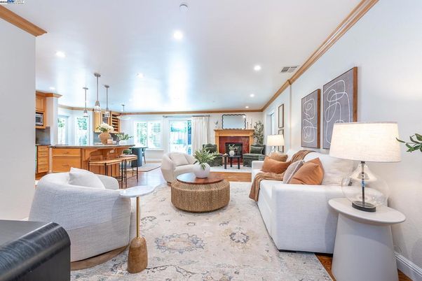 Dining room, Fireplace, Interior, Living room, Pendant Lights, Recessed Lighting