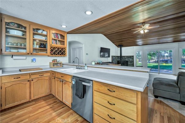 Fireplace, Interior, Kitchen, Recessed Lighting, Wooden Ceilings, Wood Texture Flooring