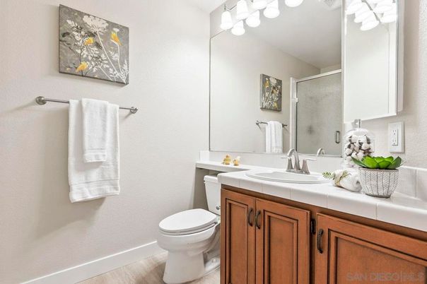 Bathroom, Glass Shower, Interior, Tile Countertops, Wood Texture Flooring