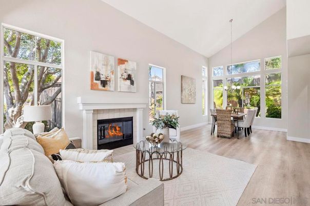 Dining room, Fireplace, Interior, Living room, Pendant Lights, Wood Texture Flooring