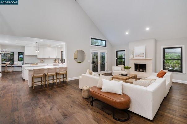 Fireplace, Interior, Kitchen, Living room, Pendant Lights, Recessed Lighting, Wood Texture Flooring