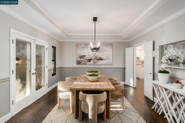 Dining room, Interior, Pendant Lights, Wood Texture Flooring