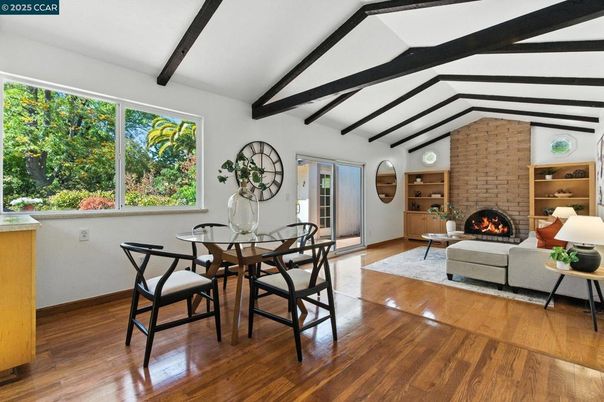 Dining room, Fireplace, Interior, Living room, Stone Walls, Wooden Beams, Wood Texture Flooring