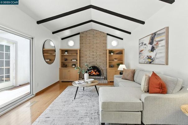 Fireplace, Interior, Living room, Stone Walls, Wooden Beams, Wood Texture Flooring