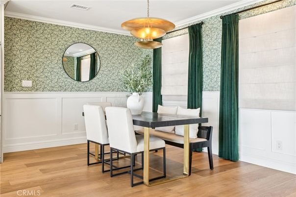 Dining room, Interior, Pendant Lights, Wood Texture Flooring
