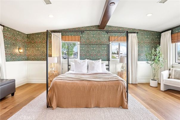 Bedroom, Interior, Recessed Lighting, Wooden Beams, Wood Texture Flooring