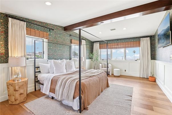 Bedroom, Interior, Recessed Lighting, Water, Wooden Beams, Wood Texture Flooring