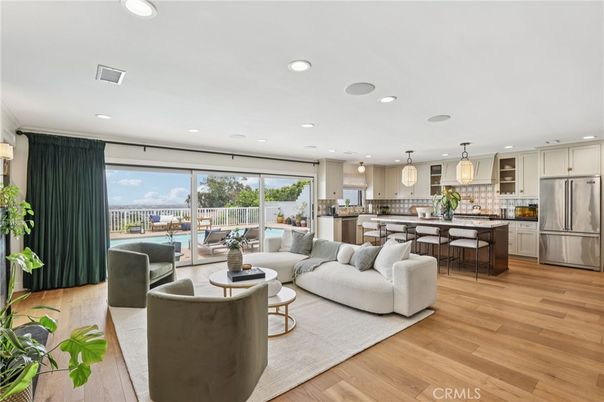Dining room, Interior, Kitchen, Living room, Pendant Lights, Recessed Lighting, Stainless Steel Appliances, Wood Texture Flooring