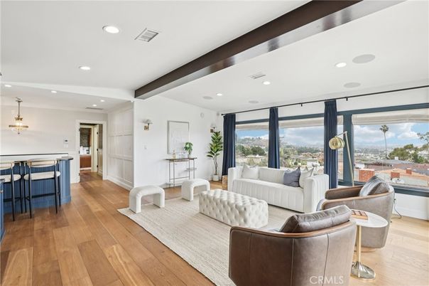Interior, Living room, Pendant Lights, Recessed Lighting, Wooden Beams, Wood Texture Flooring