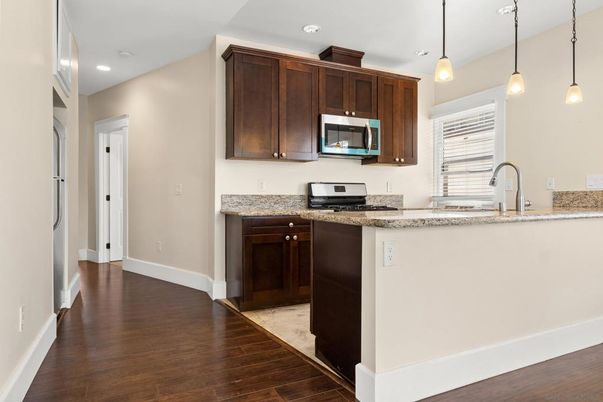 Interior, Kitchen, Pendant Lights, Recessed Lighting, Wood Texture Flooring