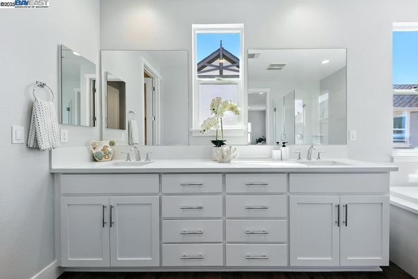 Bathroom, Dual Sink Vanities, Interior, Recessed Lighting, Wood Texture Flooring