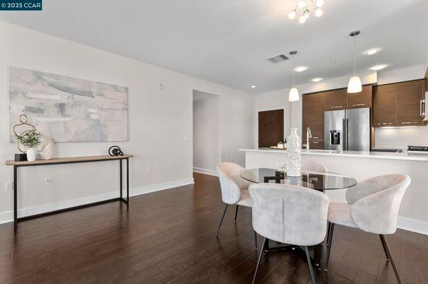 Dining room, Interior, Kitchen, Pendant Lights, Recessed Lighting, Stainless Steel Appliances, Wood Texture Flooring