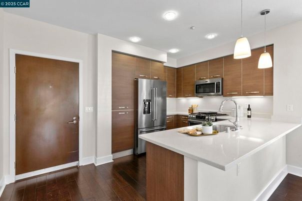 Interior, Kitchen, Pendant Lights, Recessed Lighting, Stainless Steel Appliances, Wood Texture Flooring