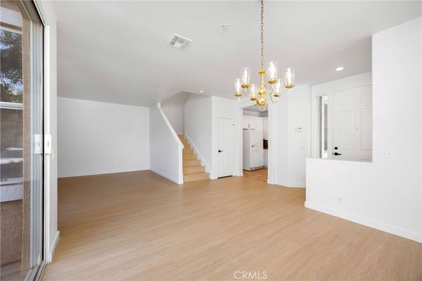 Chandelier, Empty room, Interior, Recessed Lighting, Wood Texture Flooring