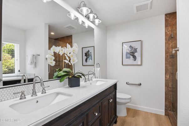 Bathroom, Dual Sink Vanities, Interior, Recessed Lighting, Wood Texture Flooring