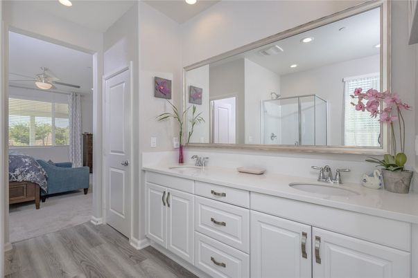 Bathroom, Dual Sink Vanities, Interior, Recessed Lighting, Wood Texture Flooring