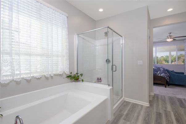 Bathroom, Glass Shower, Interior, Recessed Lighting, Wood Texture Flooring