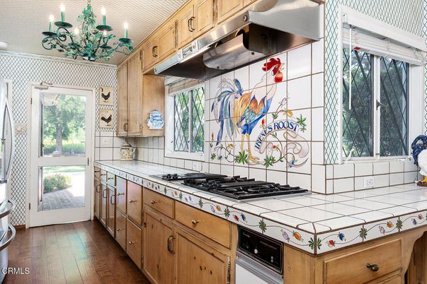 Chandelier, Interior, Kitchen, Tile Countertops, Wood Texture Flooring