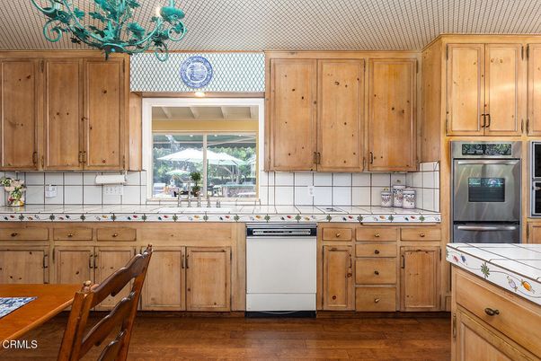 Interior, Kitchen, Tile Countertops, Wood Texture Flooring